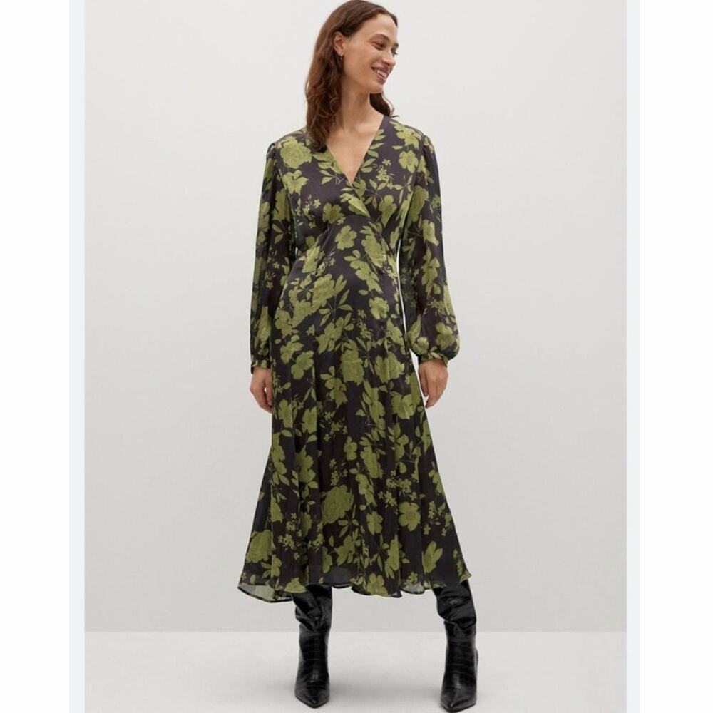 Mango Black Olive Green Floral Maxi Dress Long Sleeve Wrap Style Size Medium 6
